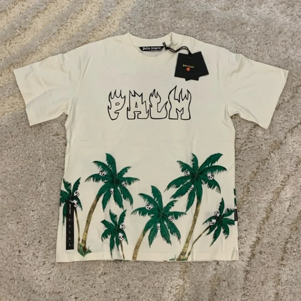 Palm Angels Flaming Letters Skull Palm Trees White T-Shirt Men size Large